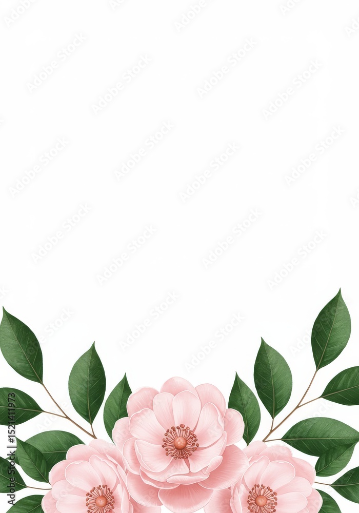 Fototapeta premium Pink Blossom Floral Border - Elegant pink flowers and green leaves create a beautiful border, perfect for invitations, cards, or website designs