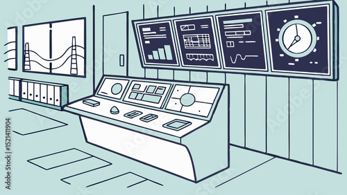 Illustration of a control room with monitors displaying graphs and a clock above a control panel area