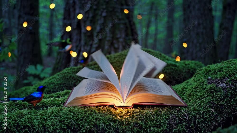 A magical open book on moss, surrounded by glowing lights, captured from a low angle. Enchanting forest scene evokes a fantasy video atmosphere. Live desktop wallpaper.