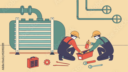 Two workers inspecting equipment with pipes and toolbox in a maintenance setting illustration style image