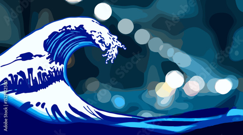 Stylized wave graphic on a blurred ocean background

