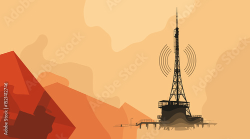 Silhouetted radio tower with signal waves against an orange gradient background
