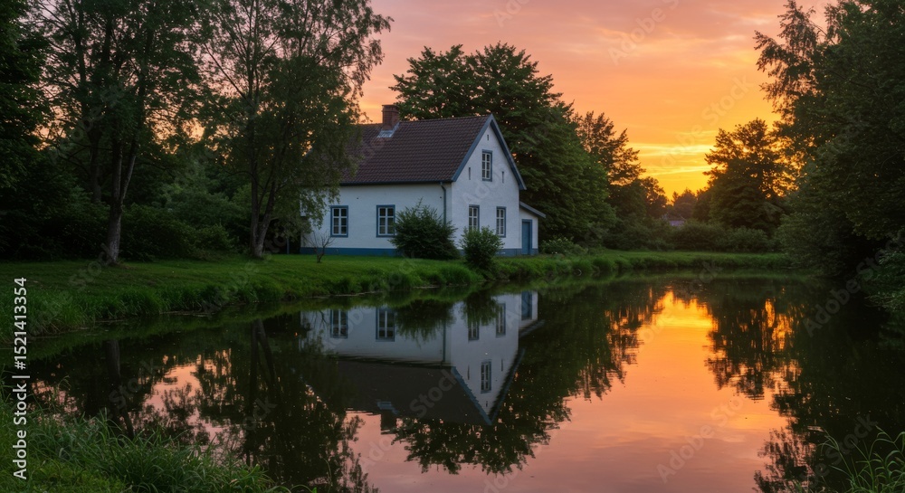 Fototapeta premium Serene Sunset House by the Lake - Peaceful countryside scene of a white house reflecting in a calm lake at sunset. Tranquil and idyllic