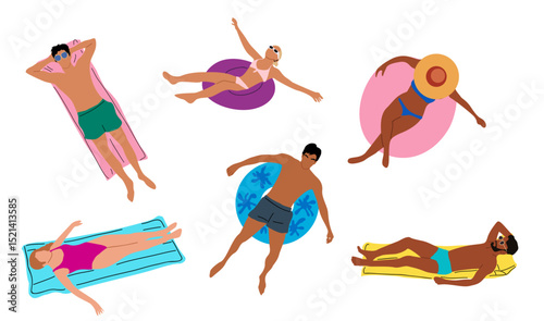 Top view vector set of people sunbathing and relaxing on beach towels and pool floats, isolated on transparent background. Perfect for summer, vacation, and travel design projects