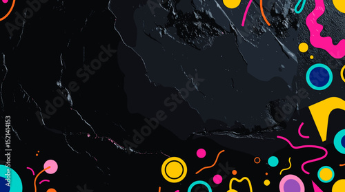 Colorful shapes and patterns surrounding a textured black surface
