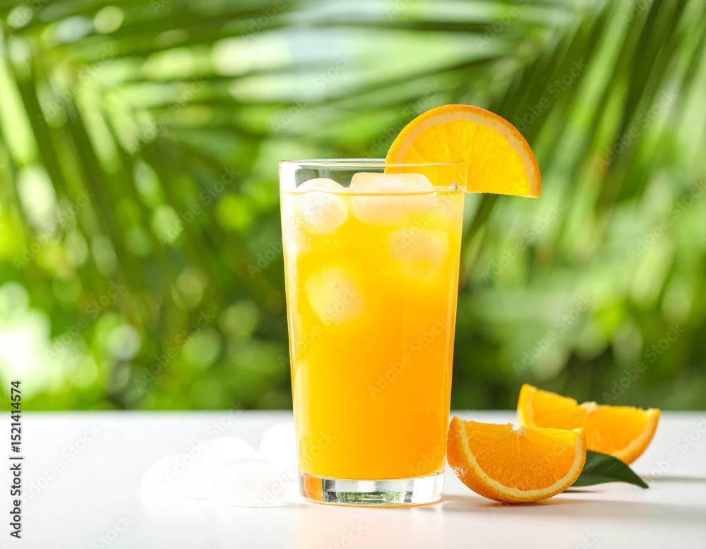 Fototapeta premium Tall glass of orange juice with lemon and ice, set against a green tropical backdrop.