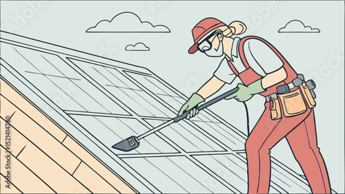 Woman cleaning solar panels on a rooftop with a cleaning tool and wearing protective gear in daylight
