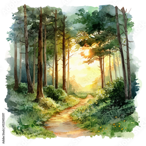 Glowing Forest Path Sunrise, watercolor illustration vector, high quality, isolated on a white background.