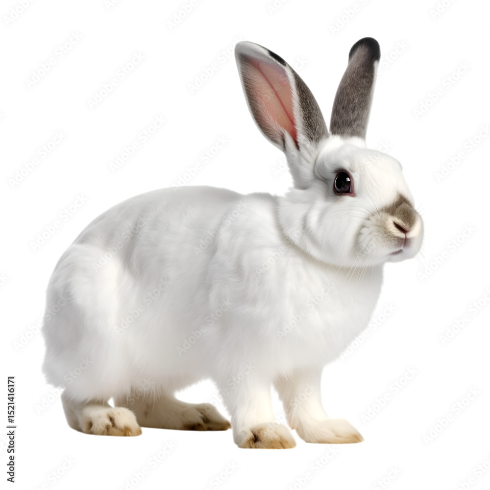 Obraz premium Pure White Rabbit in Isolated Studio: A pristine, fully-grown rabbit, its fur as white as snow, is captured in a detailed, professional studio shot.