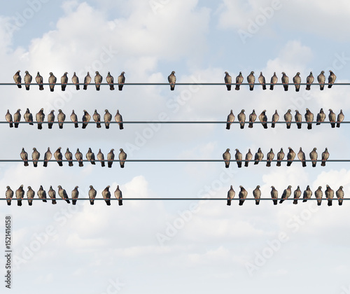 Choosing A group To Join business symbol and independent thinker concept or new leadership concept for individuality as a group of pigeon birds on a wire with one individual bird choosing a tribe.