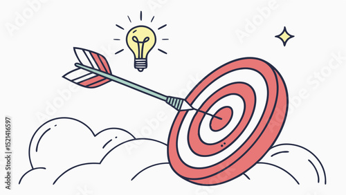 Illustration of an arrow hitting a target with a light bulb and star on a cloud background design