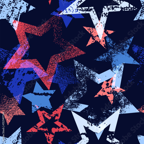 USA seamless pattern. Red, blue stars with texture on navy background. Vector design for 4th of July, Independence Day
