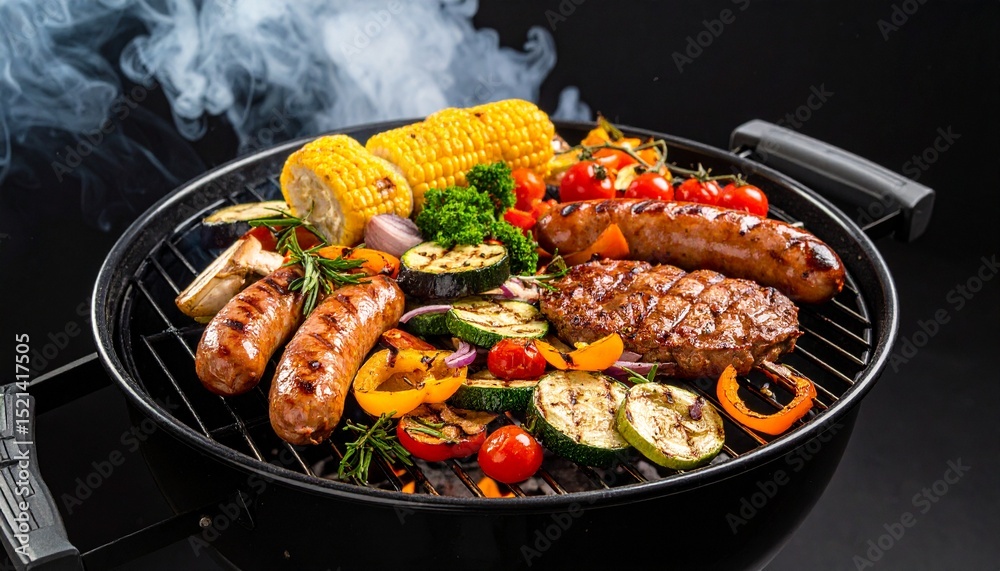 Close-up of mixed BBQ grilling with flames and smoke against a black background. Sharp detail and copy space make it perfect for barbecue, food photography, and culinary-themed stock content. Close-up of mixed BBQ grilling with flames and smoke against a black background. Sharp detail and copy space make it perfect for barbecue, food photography, and culinary-themed stock content.