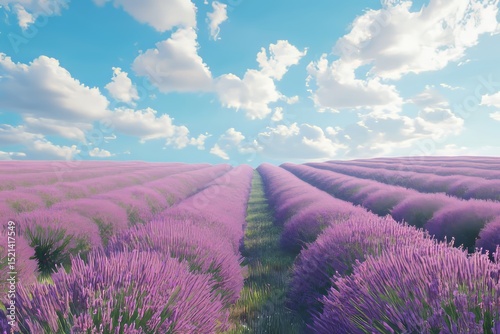 Serene lavender field with rows of purple flowers and a blue sky.