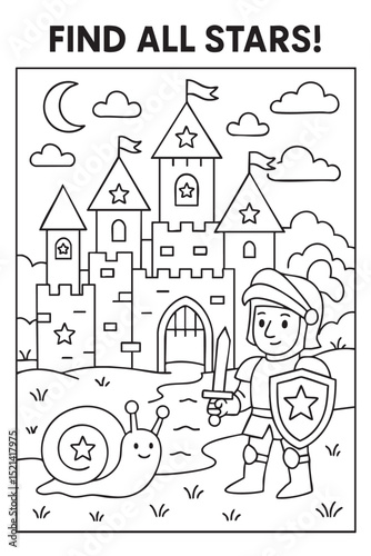 A beautifully crafted black and white drawing depicting a knight alongside a snail, both situated in front of a grand castle structure