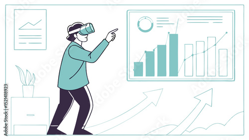 A person wearing vr headset interacting with data visualization in a modern office environment setting up