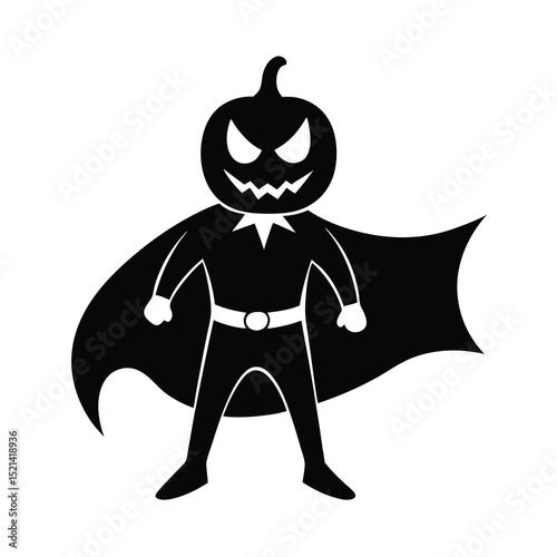 Halloween Pumpkin Superhero Silhouette with Cape and Costume