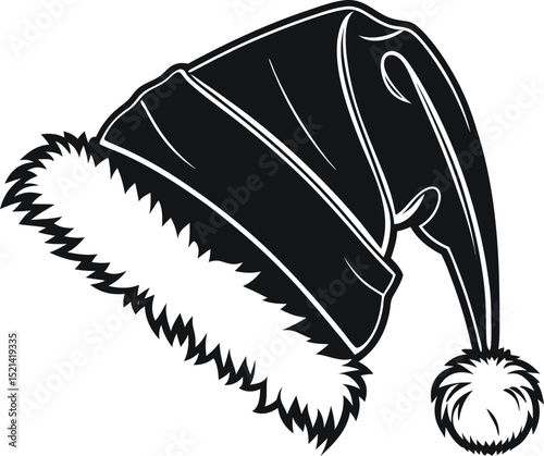 black and white illustration of christmas santa hat with fur and pompom design