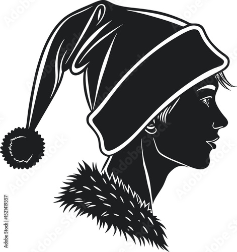 profile of young person in winter hat with fur collar black and white illustration
