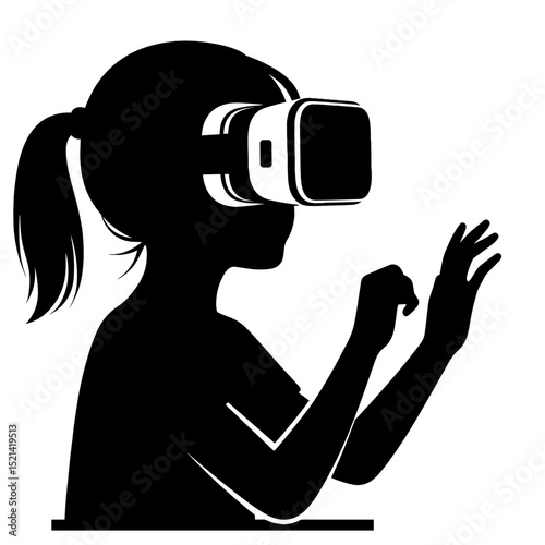 Young girl interacting with virtual reality headset in silhouette  