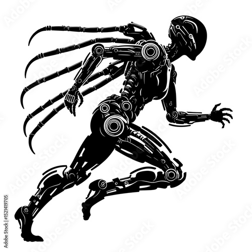 Futuristic robot running with mechanical arms in dynamic pose - Concept of Technologies of the future  