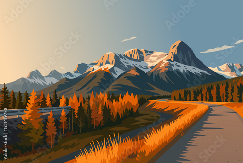 sunrise mountain range golden leaves reservoir illustration clipart