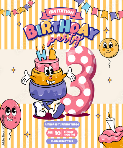 kids birthday invitation with cartoon cake character, handwritten text and balloons