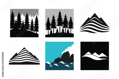 A vibrant vector illustration of a diverse set of mountain and hill icons, depicting various landscapes, from snowy peaks to sunny summer travel destinations, with stylized trees and a prominent sun