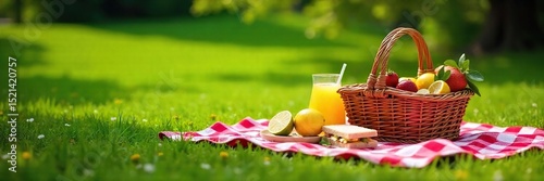 A checkered blanket spread on lush green grass, laden with a summer picnic basket overflowing with fresh fruit, sandwiches, and lemonade Sunny day, perfect for outdoor relaxation , vacation, fresh