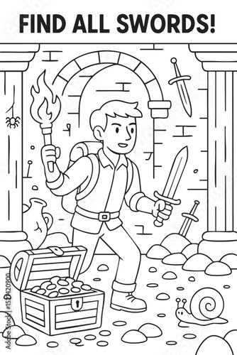 Black-and-white coloring page of a young explorer discovering hidden swords inside an ancient treasure chamber. Great for kids activities.
