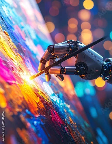 Artificial creativity and design. AI robot hand painting a vibrant abstract artwork on a canvas, representing innovation, artistic intelligence, and future of creativity