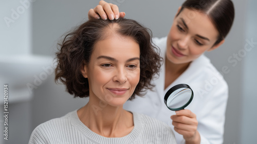 Concentrated woman trichologist examines scalp of female patient using magnifying glass. Experienced doctor observes hair follicles in details