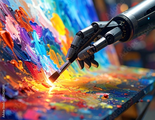Artificial creativity and design. AI robot hand painting a vibrant abstract artwork on a canvas, representing innovation, artistic intelligence, and future of creativity