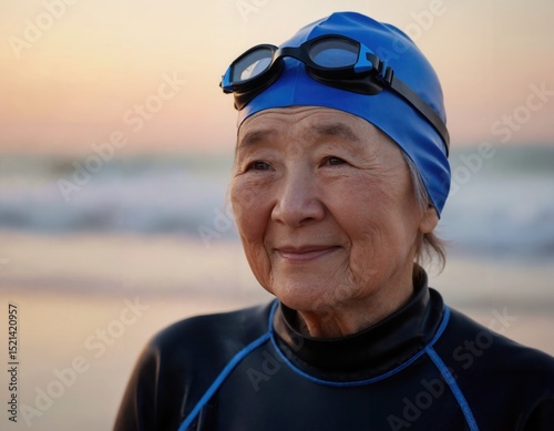 A smiling elderly woman in a blue swimsuit and cap, wearing goggles, stands on a beach at sunset.
