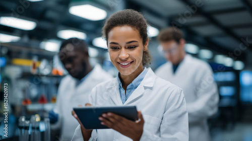 Scientists in white lab coats working collaboratively in a high-tech laboratory, using beakers, test tubes, and microscopes. Colorful chemicals react in glassware as data is logged