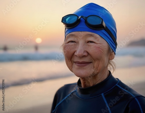 A smiling elderly woman in a blue swimsuit and cap, wearing goggles, stands on a beach at sunset.