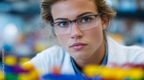 A focused researcher in a lab coat working in a metabolic research lab, using colorful vials and molecular construction blocks to model biochemical processes. The scene captures in
