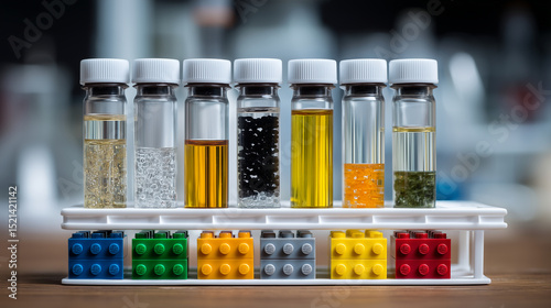 A scientist at a laboratory bench arranging construction blocks to represent cellular pathways, alongside labeled vials containing metabolic samples. This unconventional approach e
