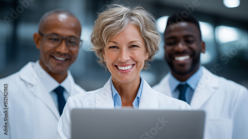 Multicultural dental team in white coats having a meeting about patient care strategy, using laptop and charts in clinical environment. multicultural dental team, dental strategy m