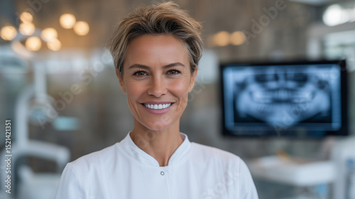 Confident female dental professional explaining X-ray to patient on screen, modern equipment in background. female dental professional, dental X-ray, patient consultation, modern d