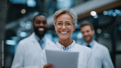 Team of professional dentists discussing patient treatment plans in modern dental office, reviewing documents and digital records. dental team discussion, dental treatment planning