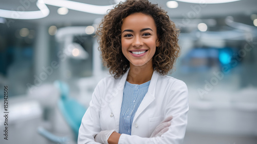 Female dentist wearing white coat and gloves, holding dental tools, smiling confidently in bright modern clinic. female dentist, dental tools, modern dental clinic, smiling dentist