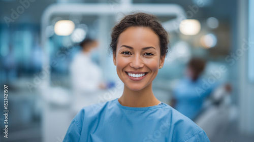 Confident woman dentist treating patient with dental drill, diverse healthcare team in background, bright and clean dental office. woman dentist at work, dental drill procedure, de