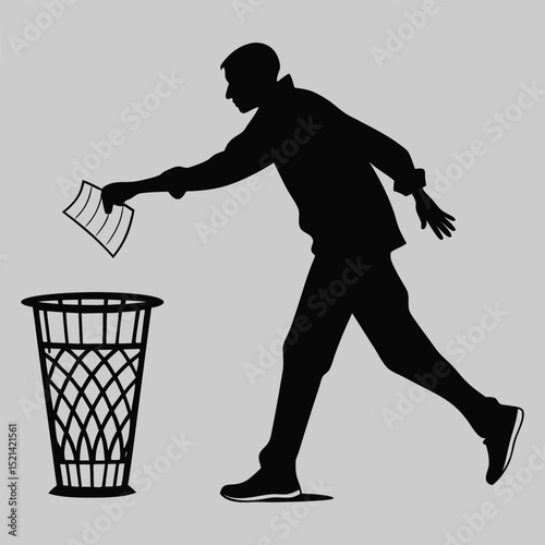 a person tossing a paper in the trash silhouette vector design art and illustration