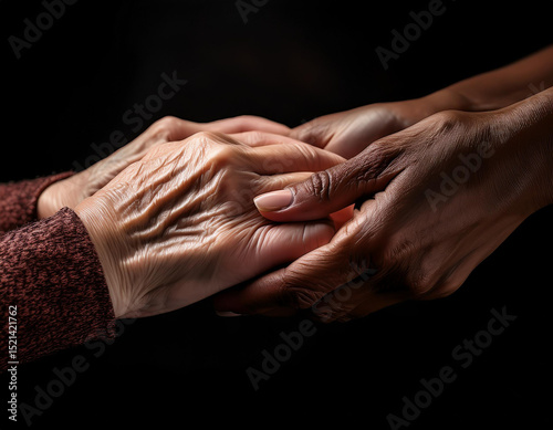 Dos manos unidas como simbolo de amor, ayuda y solidaridad entre dos personas de diferente raza y edad