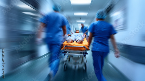 Medical nurse rushing with stretcher bed down hospital hallway, urgent care setting with motion blur effect, doctors visible in background. emergency patient transport, hospital gu
