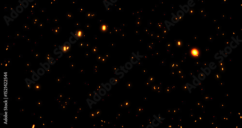 Realistic surreal ember fire dust slowly rising up on black bg . Grunge dark fire sparks flying isolated. Overlay spark tiny flake burning animation. Hell rising burst inferno. Fire burst dust move