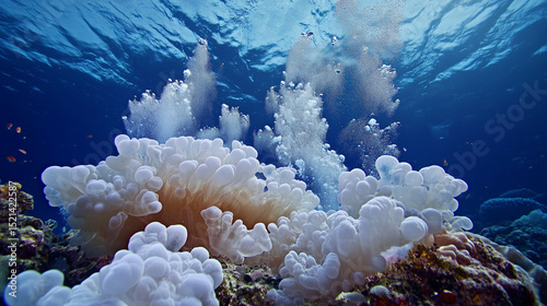 Coral polyps releasing spawning clouds in synchronized motion photo