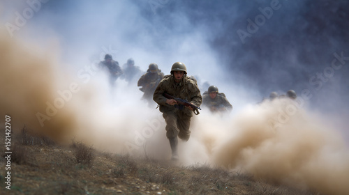 Military historical reenactment scene with US Army soldiers fighting in period-accurate uniforms, moving through thick smoke on battlefield with weapons drawn. military reenactment