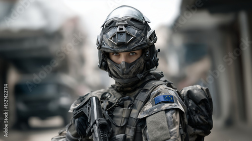 AI-generated female European Union soldier in combat uniform on urban patrol, holding helmet under one arm, EU flag patch visible, futuristic military look. female EU soldier AI, w